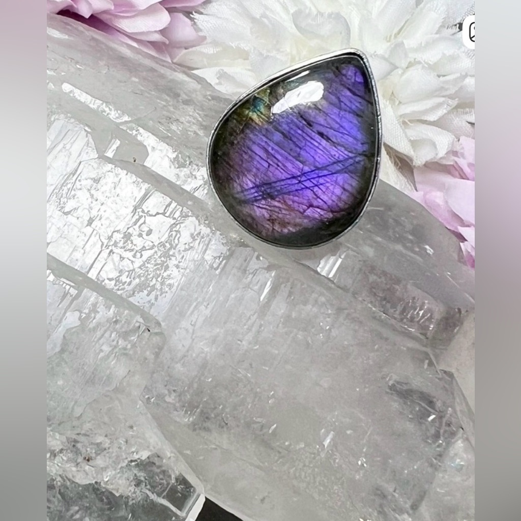 Purple Flash Labradorite Ring Size 9 Sterling Silver 925 Handmade